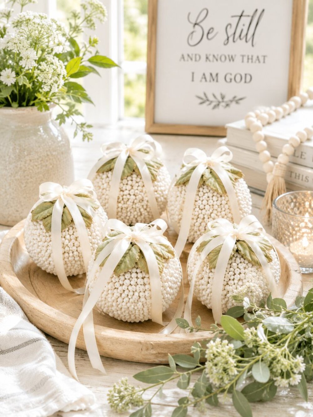 Set of 5 Off White Decorative Ball Ornaments Satin Bow Home Decor Accent Set